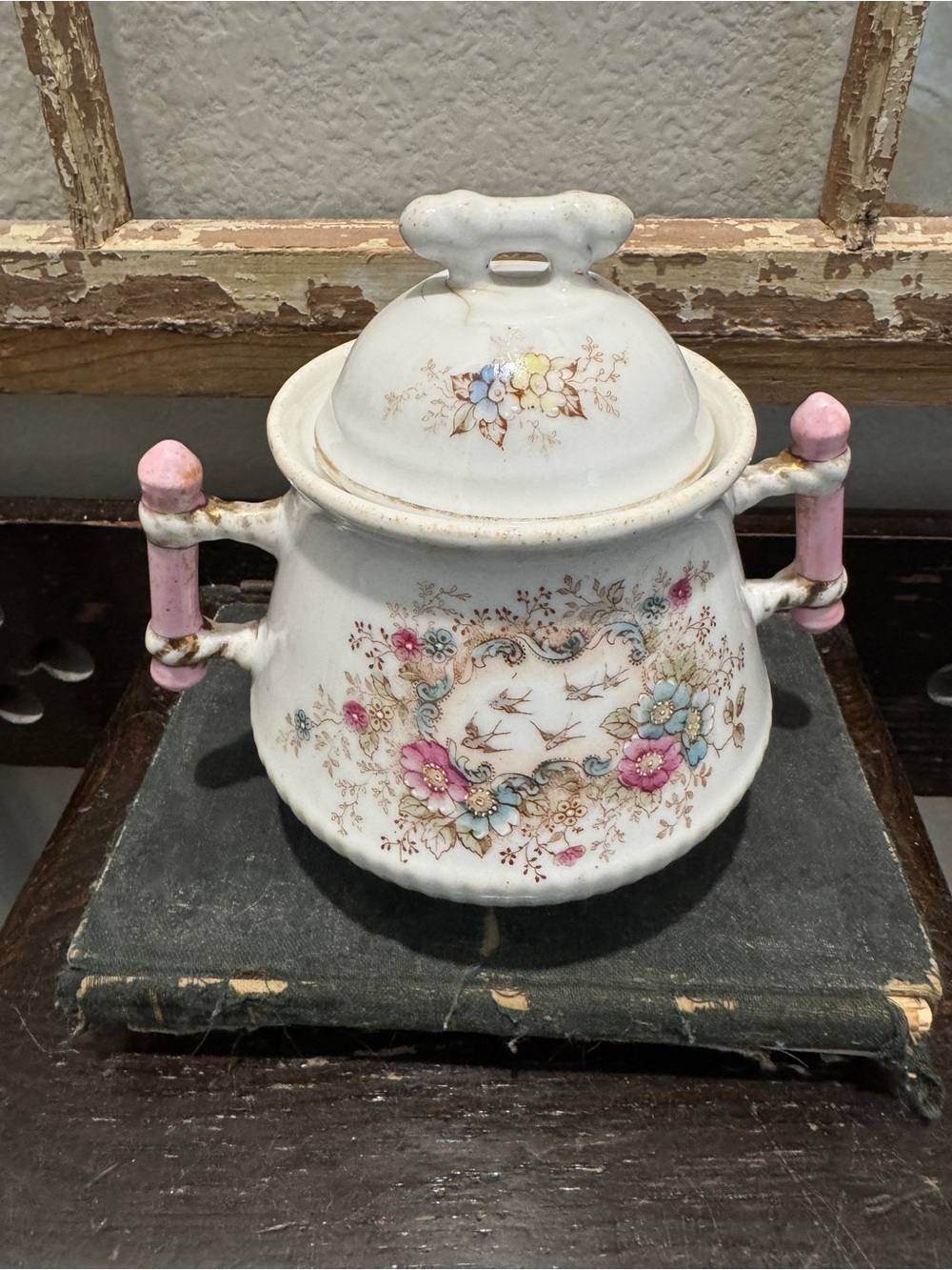 Vintage Floral Porcelain Covered Sugar Bowl in White and Pink